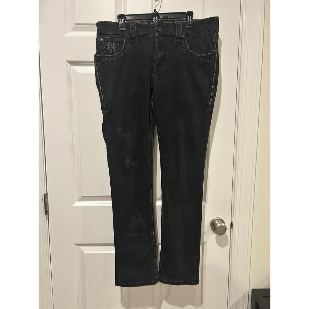 Rock Revival Rishi Straight Mens Black Jeans 36x33 Grey Embroidered Flap Pocket